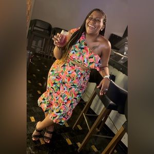 SHEIN Allover Print One Shoulder Ruffle Trim Crop Top & Skirt